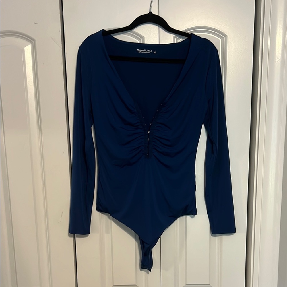 Hook and Eye Ruched Navy Long Sleeve Bodysuit